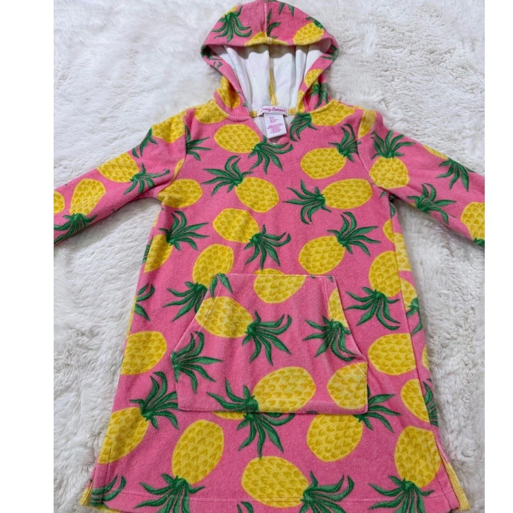 Tommy Bahama Pineapple Hooded Cover Up Dress 4T Pink Terry Cloth Swim Beach